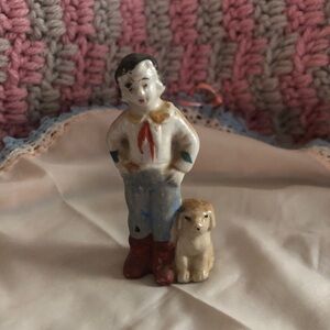 Vintage Ceramic Boy Figurine with Dog - Cream, Blue & Red